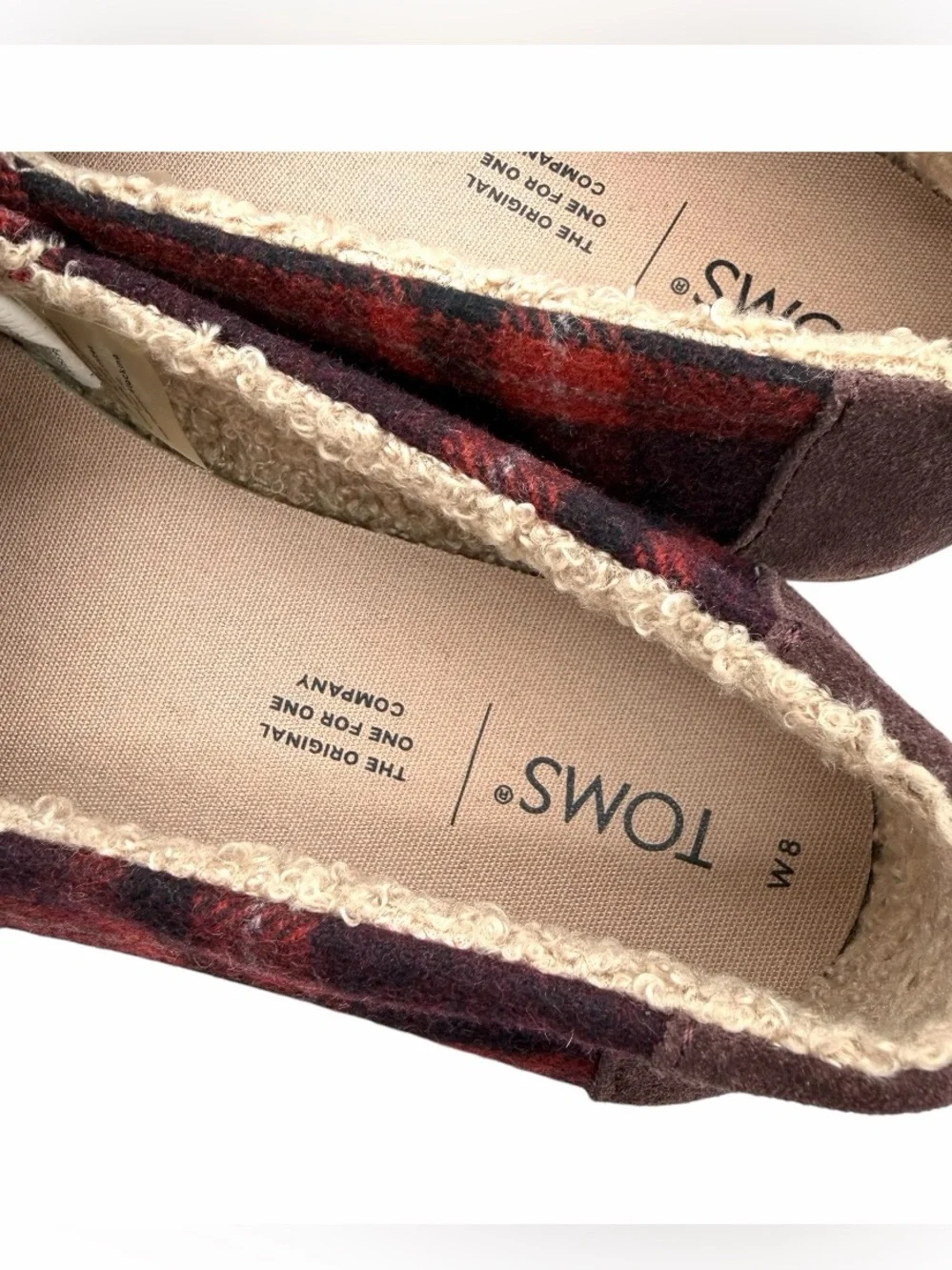 NWOT Toms Red Plaid Alpargatas Leather Wrap Faux Shearling | Women’s Size 8
